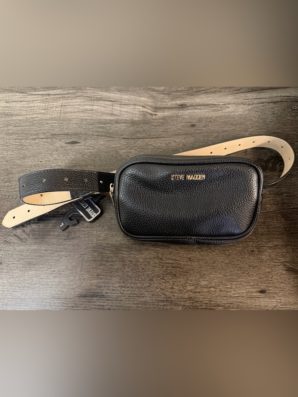 Steve Madden Black Pebbled Leather Belt Bag with Cream Strap